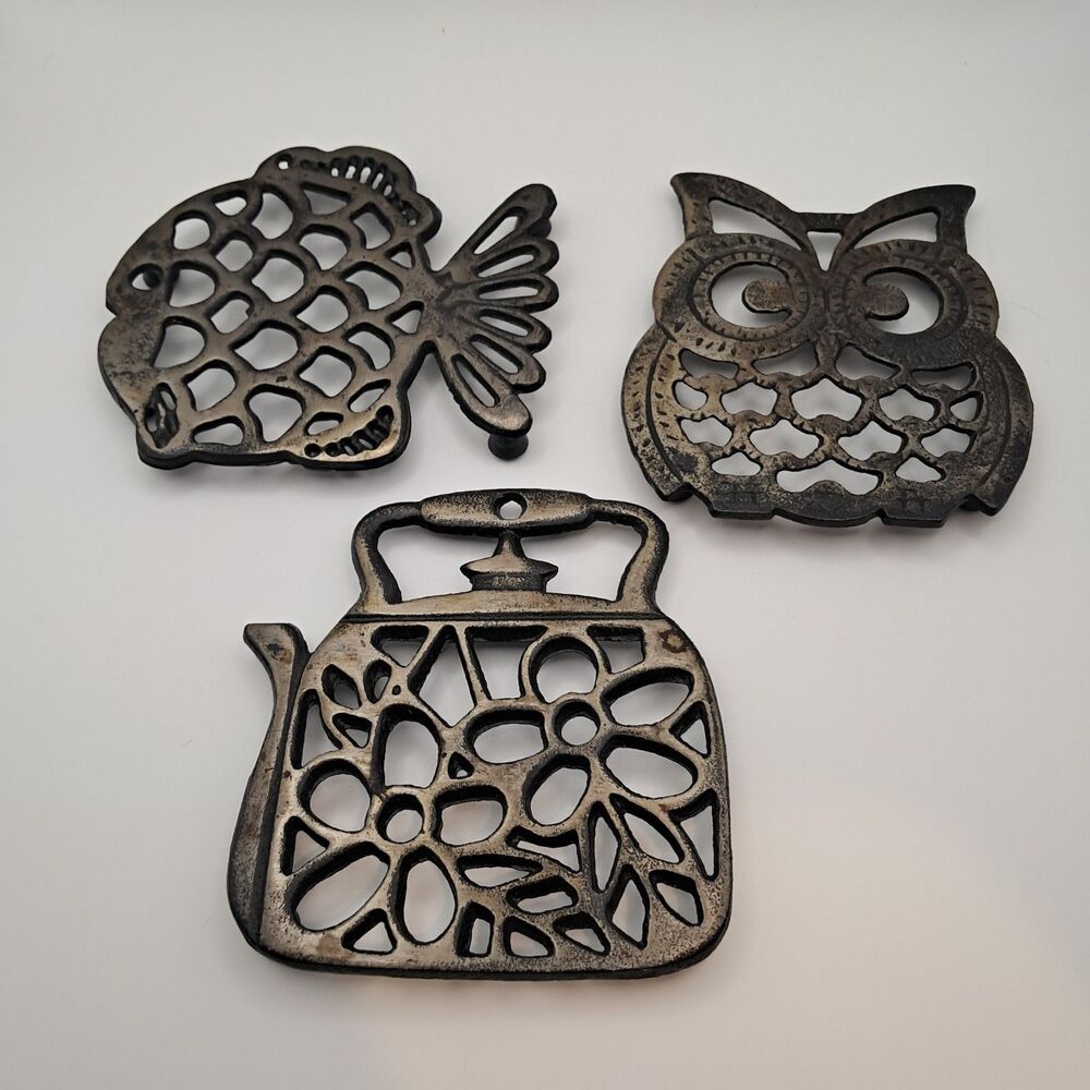 Vtg Cast Iron Trivets (3) Owl Teapot Fish Hot Pad Kitchen